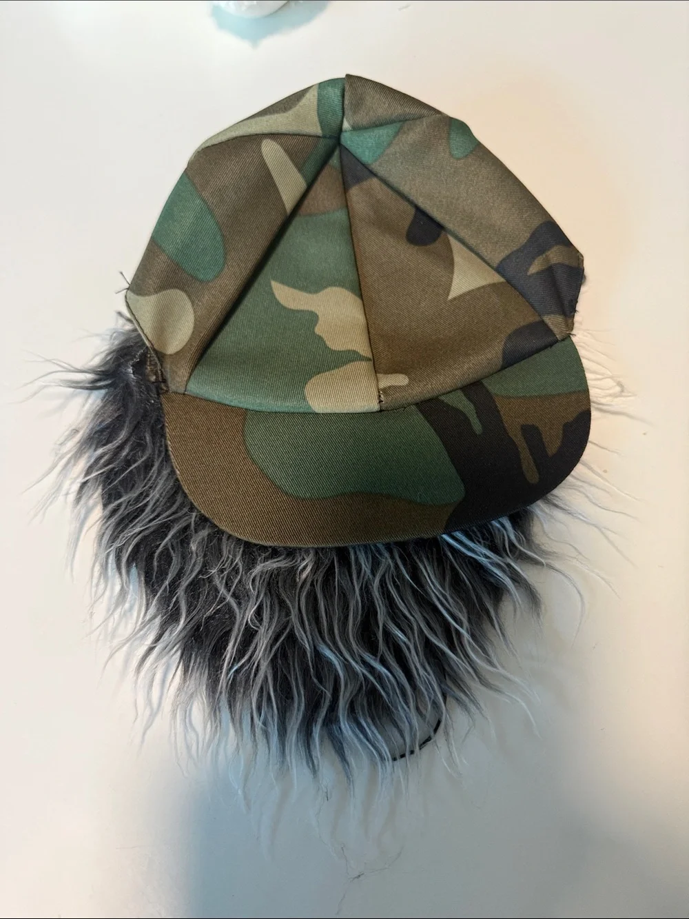 Camouflage Dog Trucker Hat with Faux Fur Beard